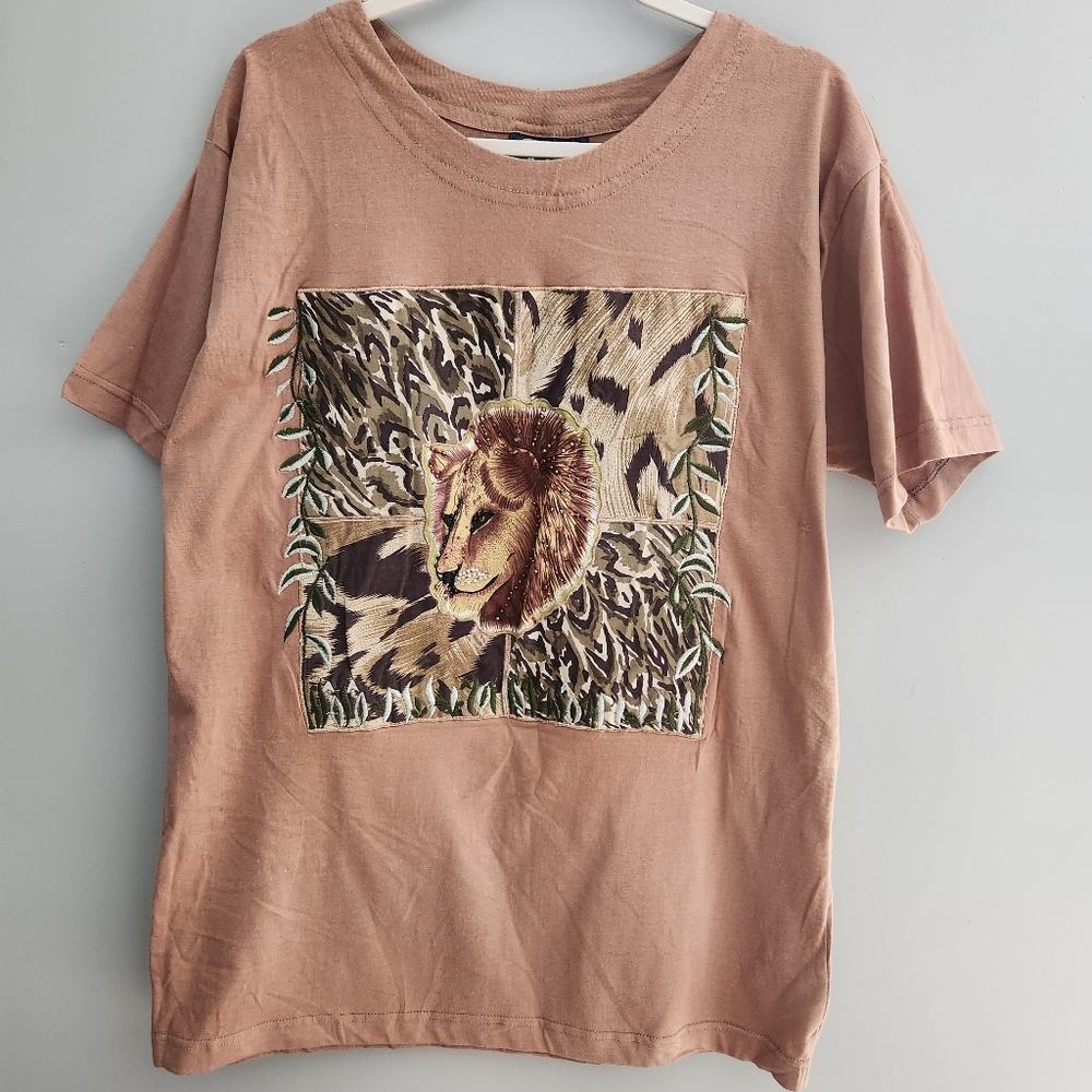 Women's Lion Beaded Jungle Print Embroidered Animal Short Sleeve Shirt Size L